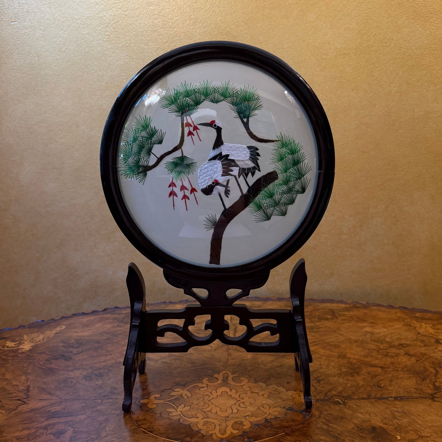 Vintage Embroidered Bird Wooden Frame Stand 