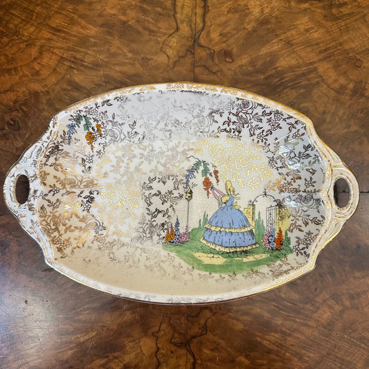 Vintage Empire Crinoline Lady Gold Chintz Pattern Dish 