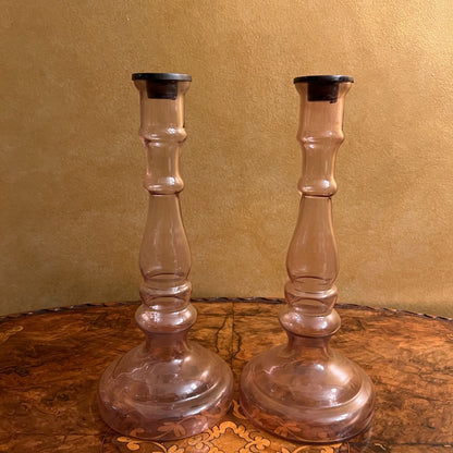 Vintage Glass Candle Holder Pair 