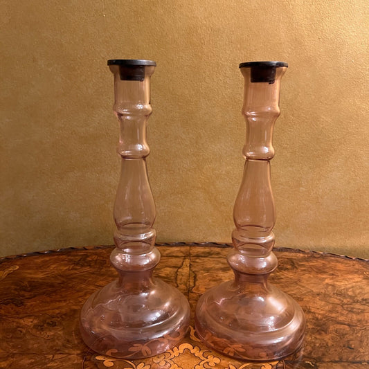 Vintage Glass Candle Holder Pair 