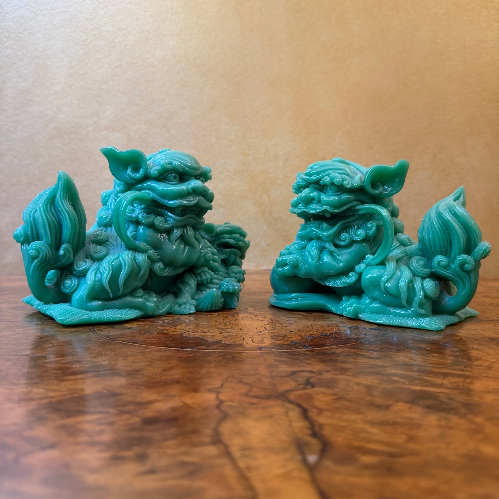 Vintage Green Resin Guardian Foo Dogs 