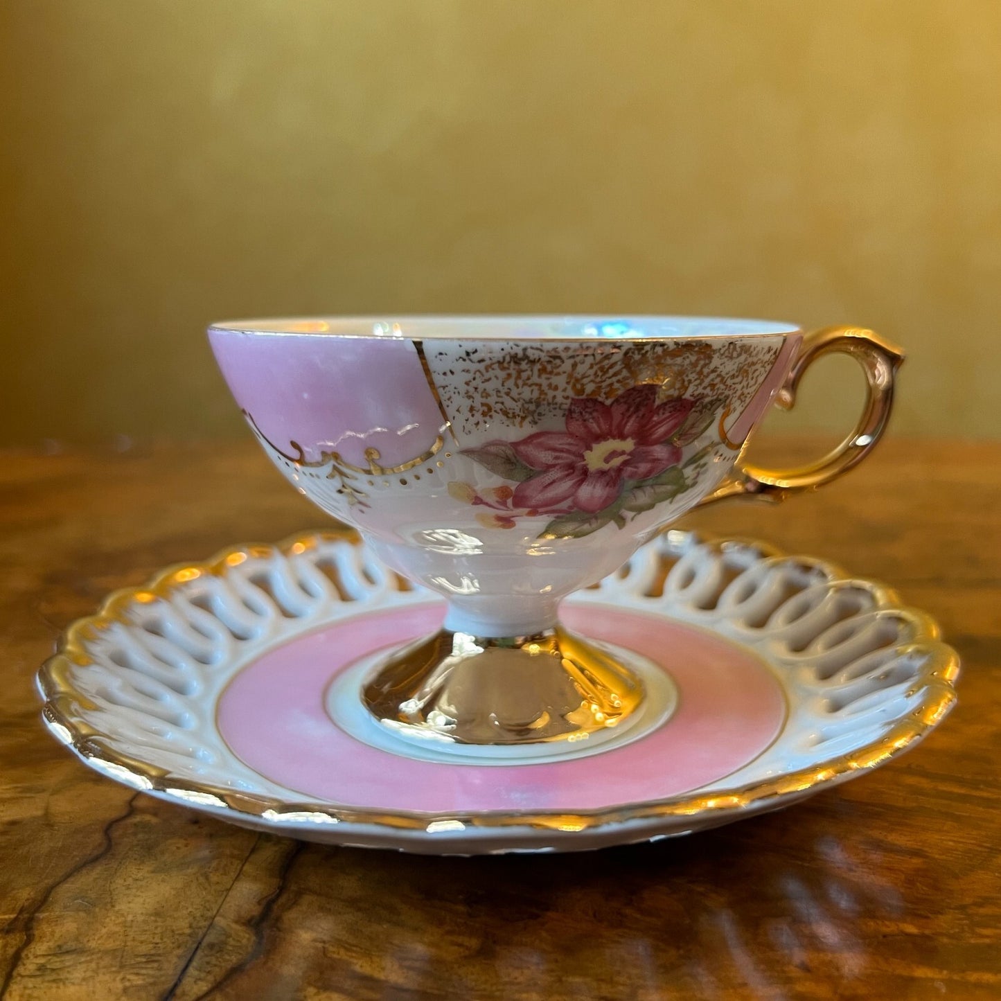 Vintage Japanese Pink Floral Lusterware Tea Cup & Saucer