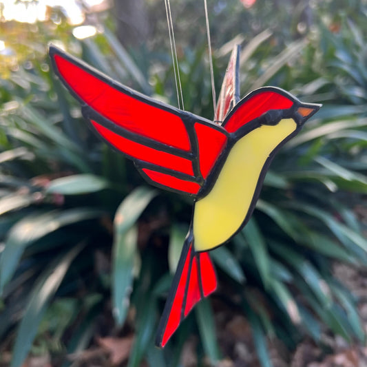 Vintage Lead Light Red Yellow Fairy Swallow Bird Hanging Ornament 