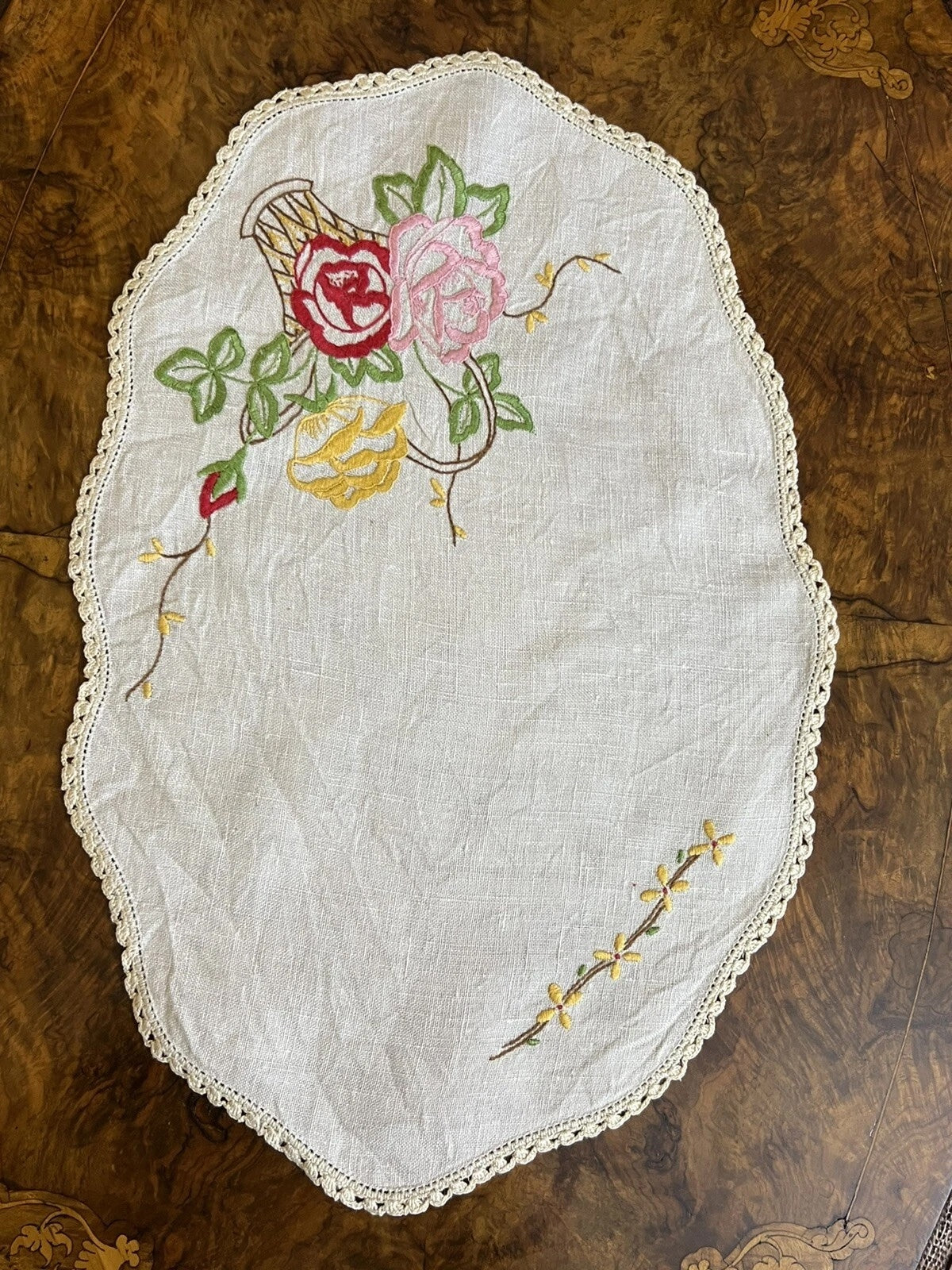 Vintage Linen Embroidered Floral Doily