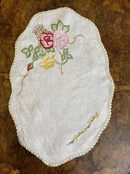 Vintage Linen Embroidered Floral Doily