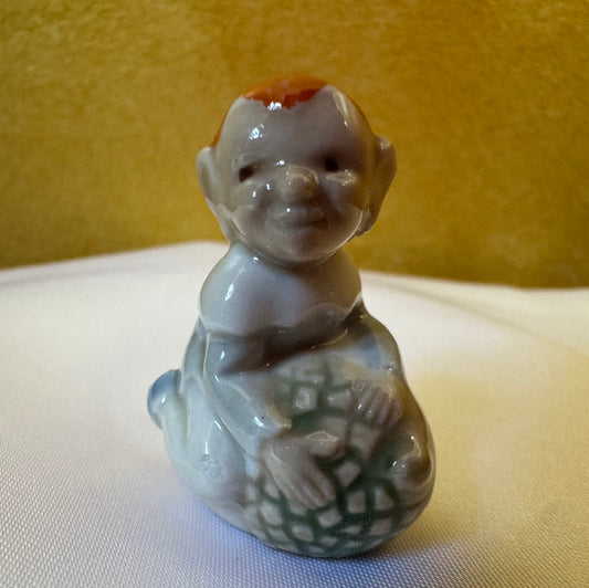 Vintage Lucky Fairy Folk Orange Hat Pixie On Acorn Miniature Ornament 