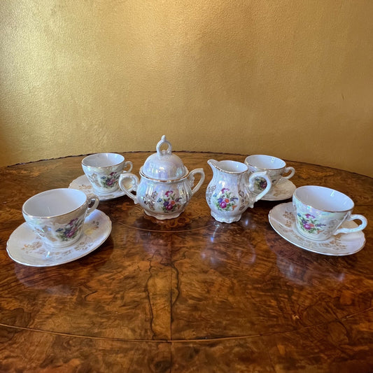 Vintage Lustreware Japanese 4 Demitasse Coffe Cups & Milk & Sugar Set 