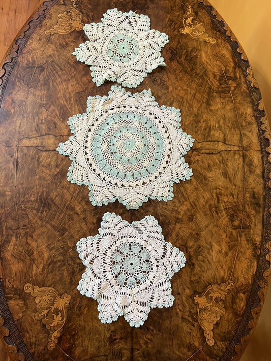 Vintage Mint White Crochet Doily Three Piece Set  