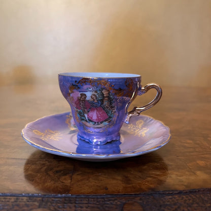 Vintage Purple Pearl Courting Print Demitasse Coffee Cup & Saucer 