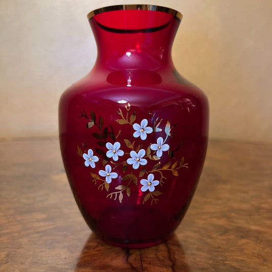Vintage Red Glass Floral Print Vase 