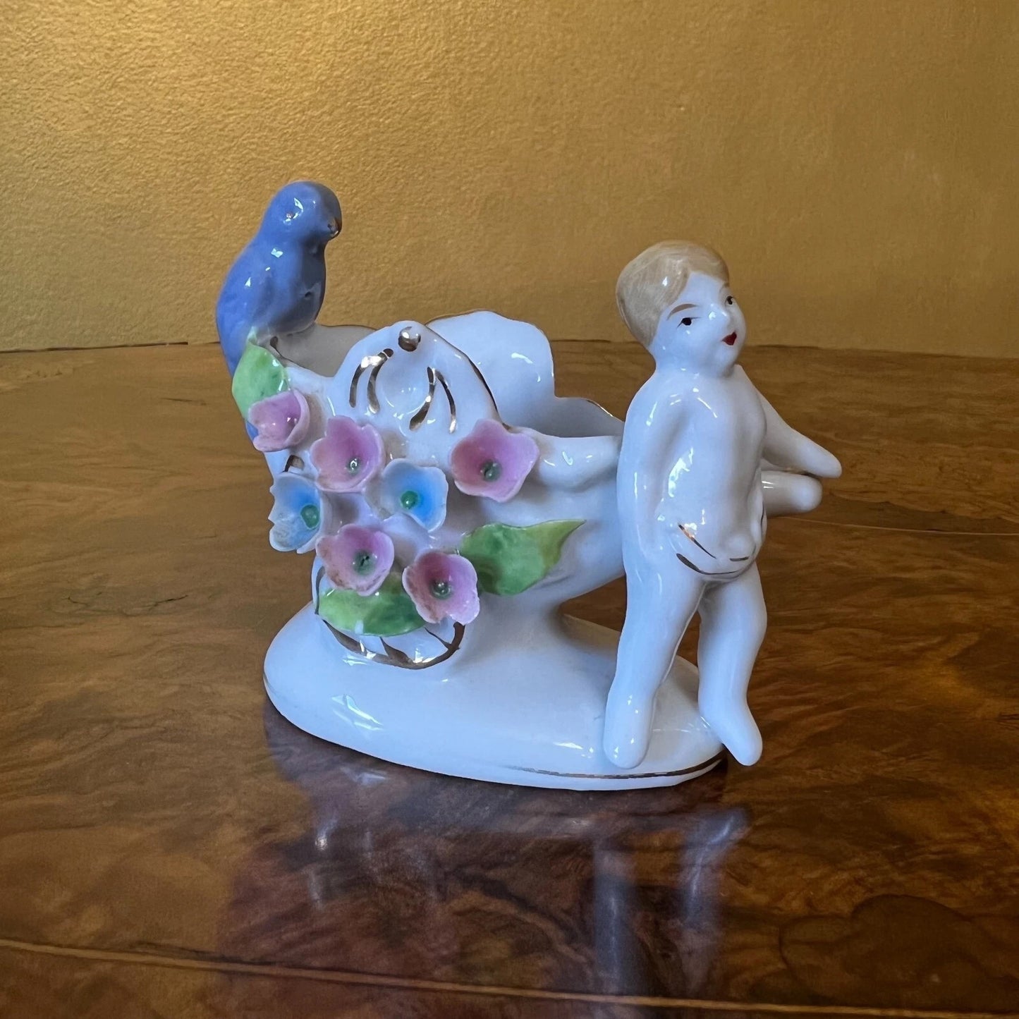 Vintage Small Boy & Flower Barrel Ornament 