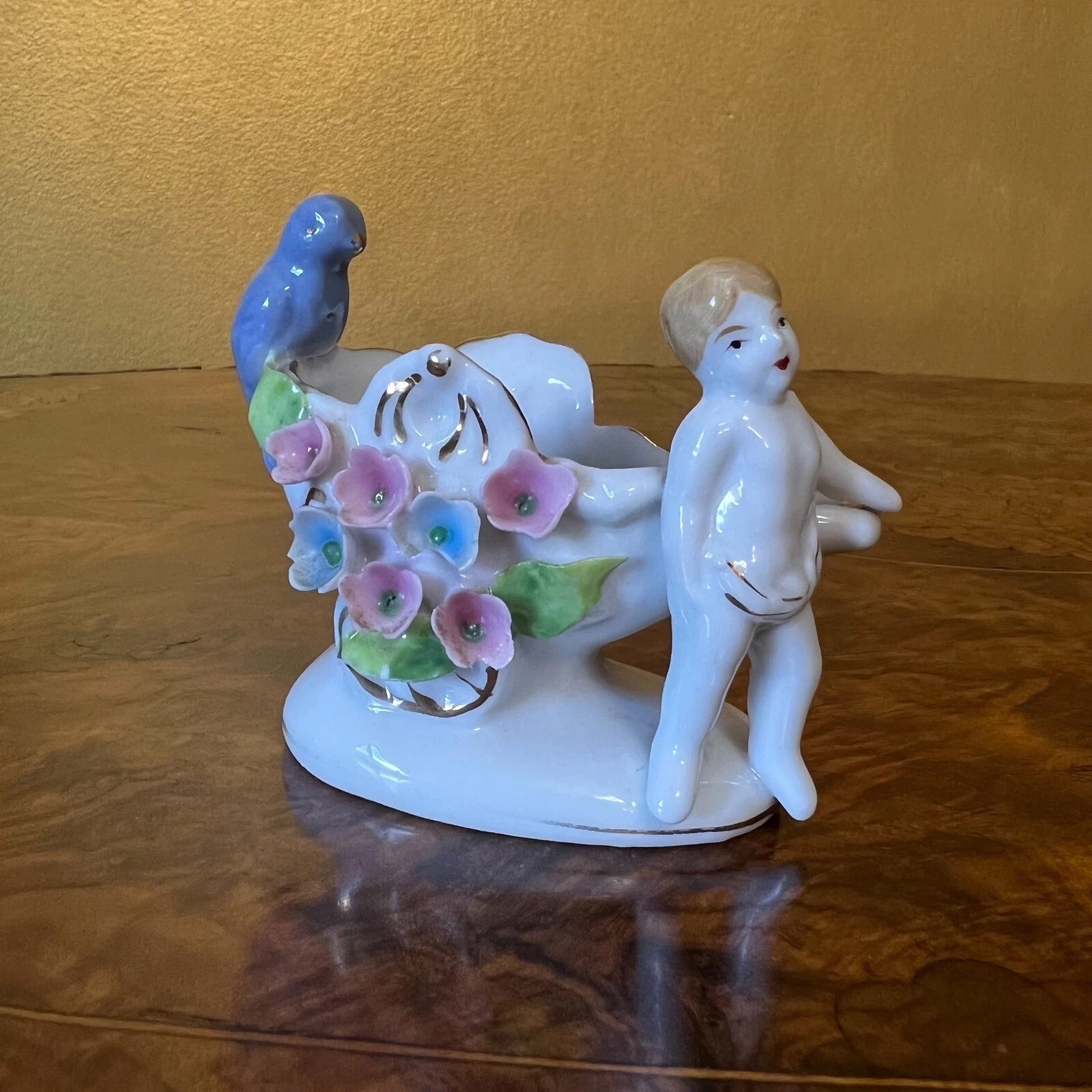 Vintage Small Boy & Flower Barrel Ornament 