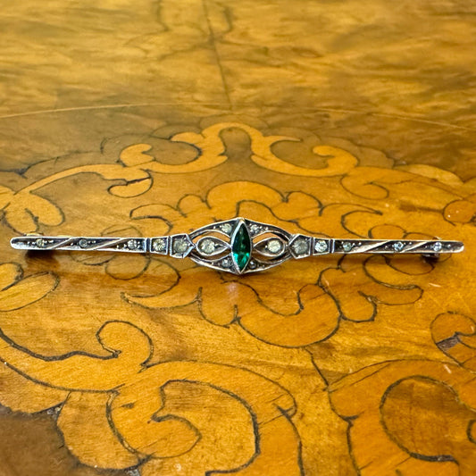 Vintage Sterling Silver Green & Clear Stone Brooch 