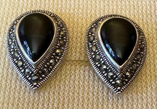 Vintage Sterling Silver Marcasite Black Onyx Style Earrings