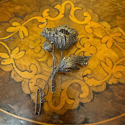 Vintage Sterling Silver Marcasite Flower Brooch 