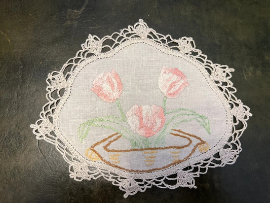 Vintage Tulip embroidered doily