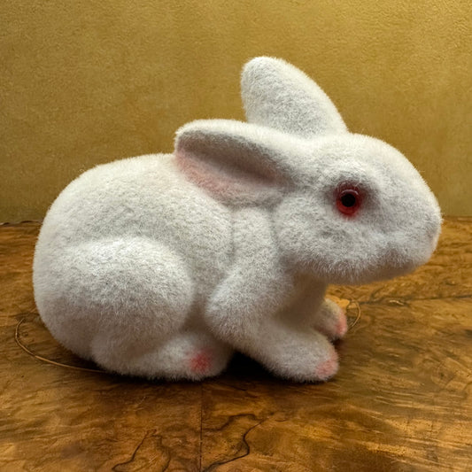 Vintage White Flocked Bunny Figurine Money Box