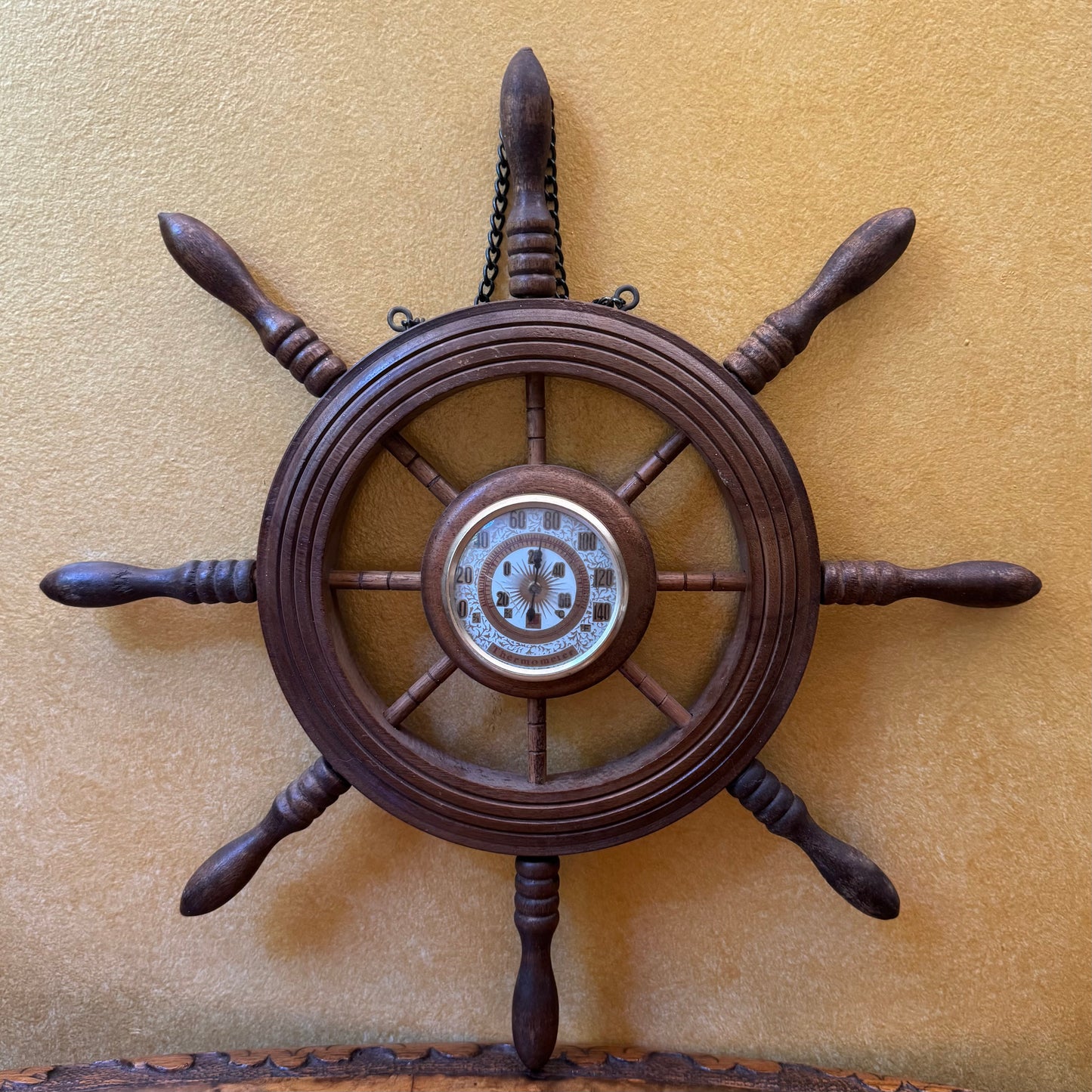 Vintage Wooden Ships Wheel Thermometer Ornament Wall Hanging 