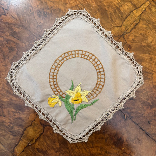 Vintage Yellow Flower Embroidered Square Doily 