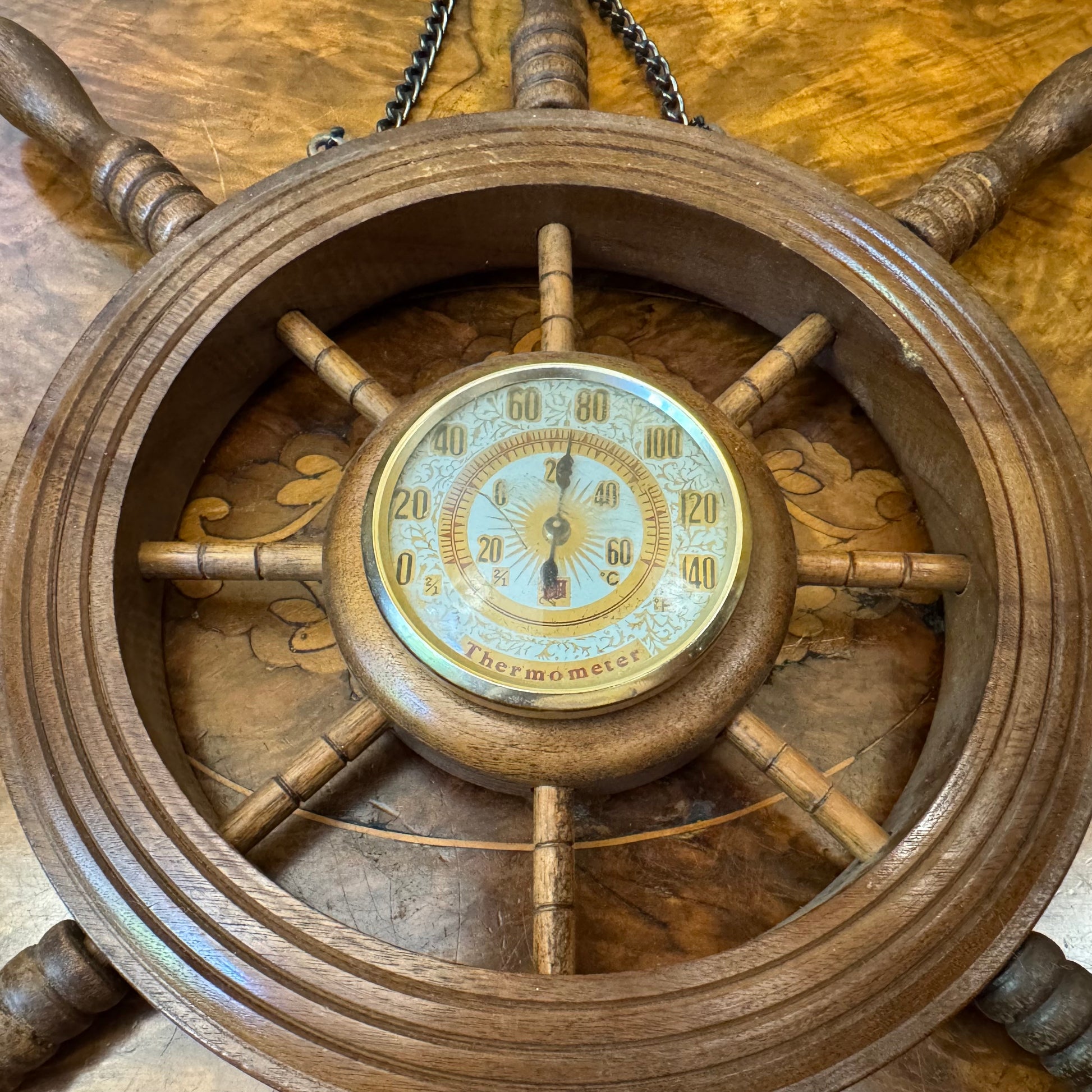 Wooden Ships Wheel Thermometer Ornament 