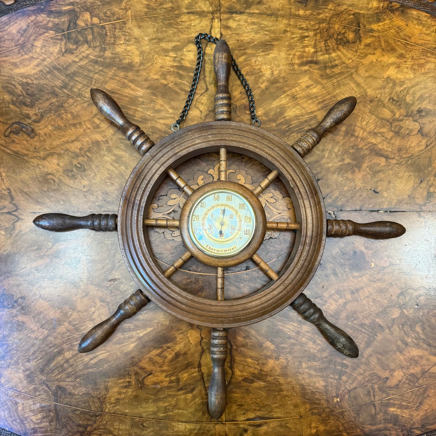 Wooden Ships Wheel Thermometer Ornament Wall Hanging 