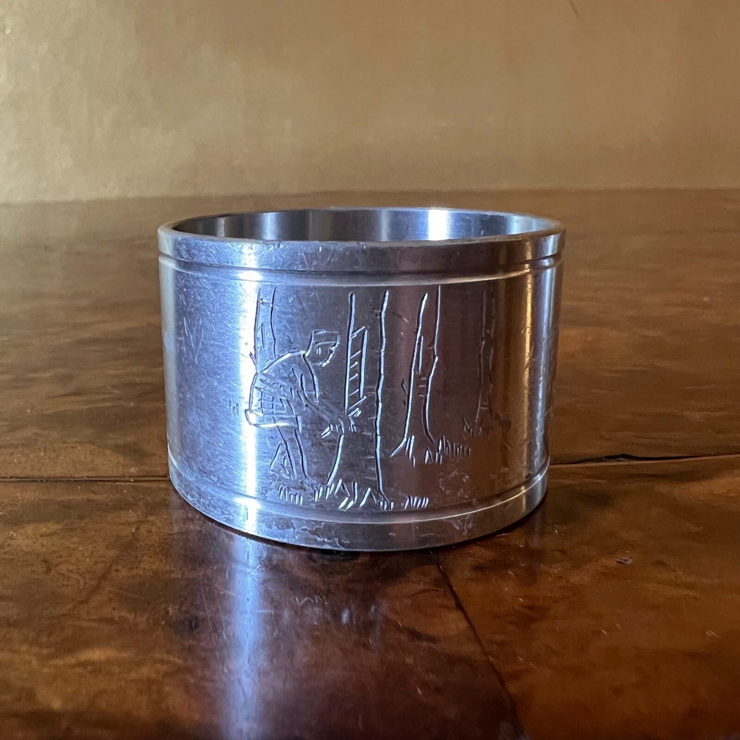 Vintage Engraved Picture Metal Napkin Rings Pair